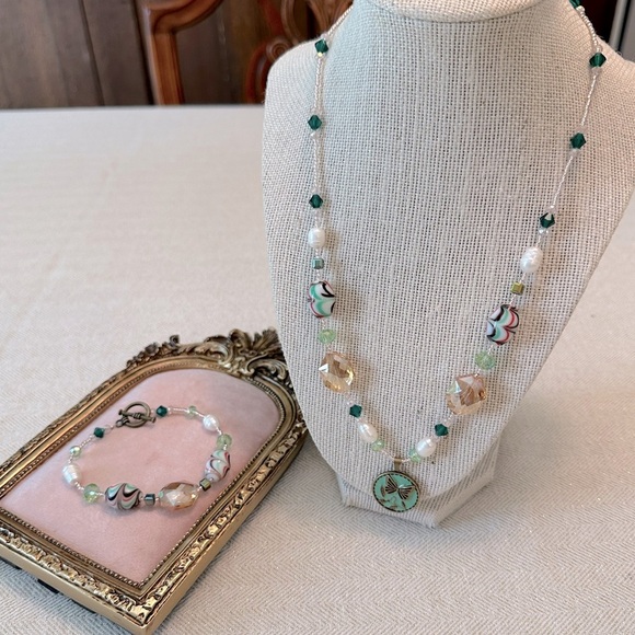 Hand Crafted Jewelry - Handmade 2pc Necklace & Bracelet Set Enamel Butterfly Vintage Lamp Work Beads